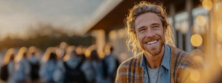 A relaxed man with long hair smiles warmly at an outdoor event with a crowdの素材