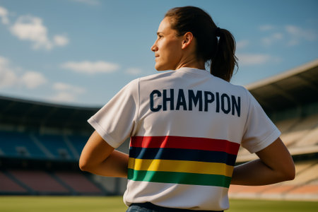 A sporty woman wearing a champion jersey, exuding confidence at a stadium under blue skiesの素材