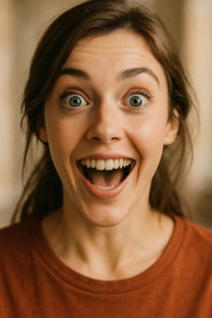 A young woman smiling widely, conveying joy and excitement with her bright expressionの素材