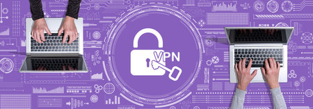 Top view of hands using laptop with symbol of vpn concept