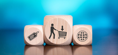 Wooden blocks with symbol of purchase concept on blue background