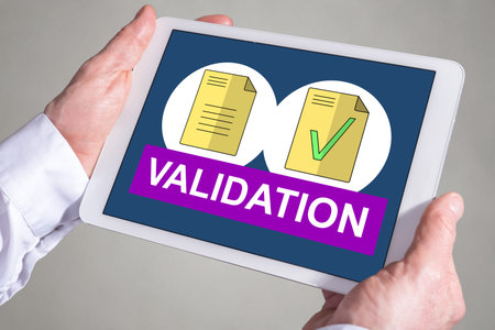 Tablet screen displaying a document validation concept