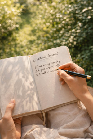 A person writing gratitude entries in a journal amidst a serene natural settingの素材