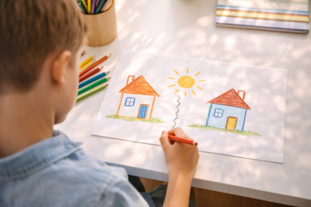 A child creating a colorful drawing of houses and a sun using pencils at a tableの素材