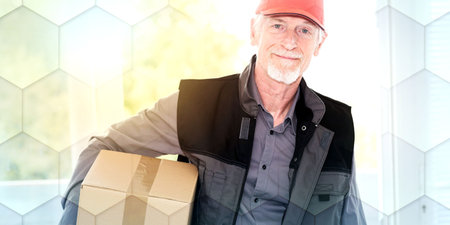 Portrait of smiling senior deliverer holding a package, light effect, geometric patternの写真素材