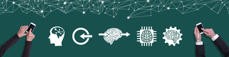Top view of hands using mobile phone with symbol of deep learning concept