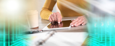 Businesswoman using digital tablet at workplace; multiple exposure