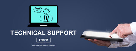 Finger pointing on digital tablet with technical support concept on background