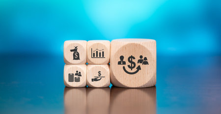 Wooden blocks with symbol of personal loan concept on blue background