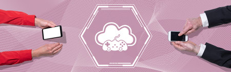 Top view of hands using mobile phone with symbol of cloud gaming concept