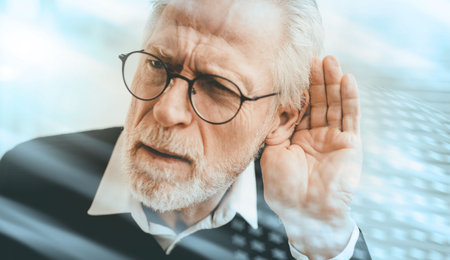 Portrait of senior man having hearing problems; light effect