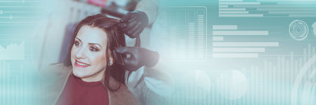 Hairdresser coloring client hair; panoramic banner