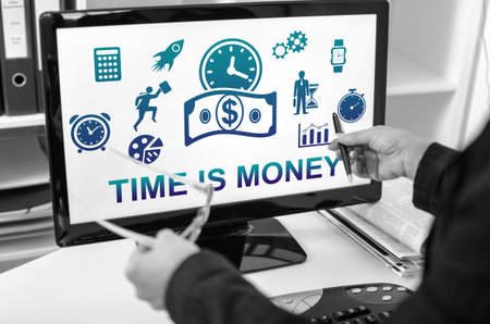 Businesswoman showing time is money concept on a computer screen