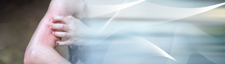 Woman having itchy and scratching her arm; panoramic banner