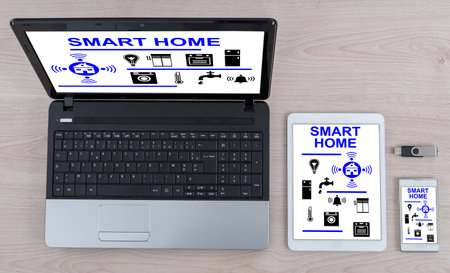 Smart home concept shown on different information technology devices