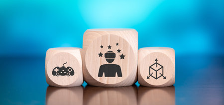 Wooden blocks with symbol of virtual reality concept on blue background