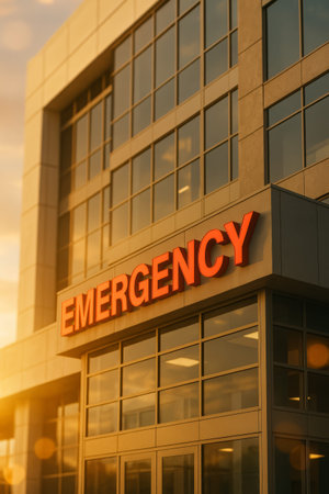 A red emergency sign spans a hospital entrance below rows of windows glowing in sunlight