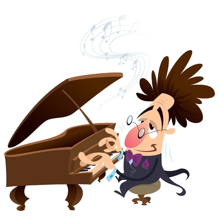 Cartoon pianist with crazy hair while performingのイラスト素材