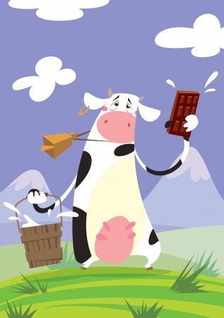 A funny cartoon cow with a big cowbell, holding a bucket and presenting a milky chocolateのイラスト素材