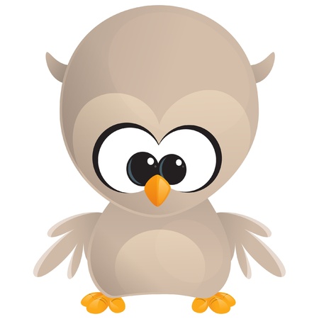Cute cartoon baby brown owl with huge eyes standing and looking at usのイラスト素材