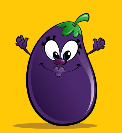 Cartoon happy purple eggplant gesturing happily spreading its hands in a yellow backgroundの写真素材