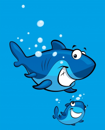 Happy cartoon blue baby shark with his parentの写真素材