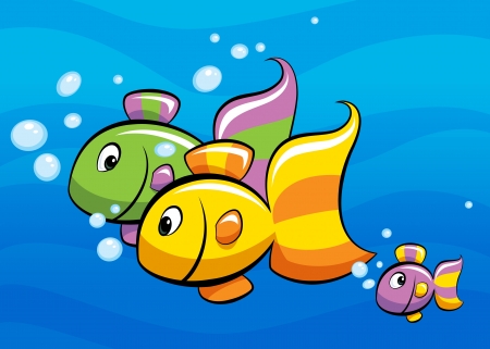 A colorful cartoon tropical fish family swimmingの写真素材