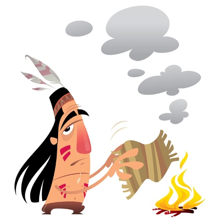 Cartoon indian man sending a message by smoke signals moving a small carpet over a fireのイラスト素材