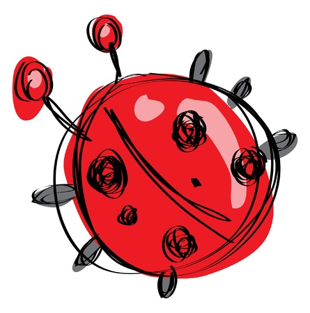 Cartoon red baby ladybug with black dots in a naif childish drawing styleのイラスト素材