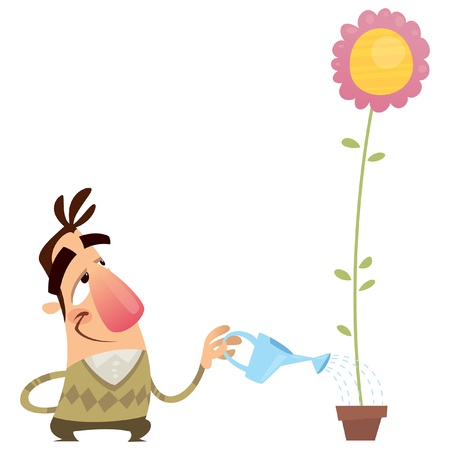 Happy cartoon man gardener watering a pink flower that growing fast with a water can のイラスト素材