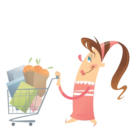 Happy woman in pink dress is shopping satisfied in a super market with her full cart のイラスト素材