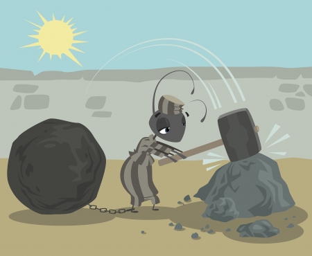 Ant in prison with chain metal ball work hard breaking stones as penaltyのイラスト素材
