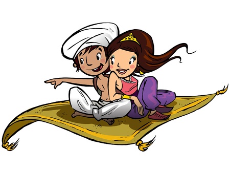 Aladdin and Jasmine style characters seated on a flying carpet traveling Aladdin and Jasmine style characters seated on a flying carpet traveling