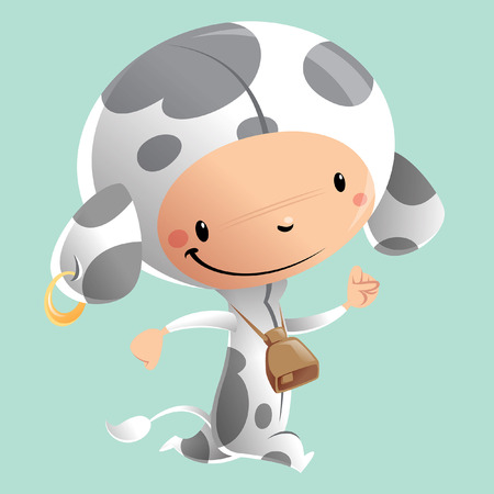 Cartoon vector illustration with cheerful smiling kid in funny white and grey cattle suit with tail ring and bellのイラスト素材