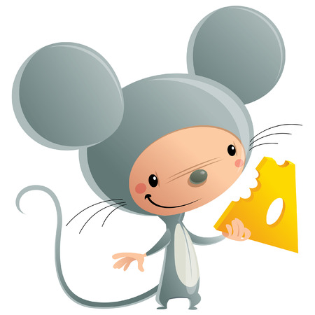 Cartoon vector illustration with cheerful smiling kid in funny grey mice suit holding a piece of cheeseのイラスト素材