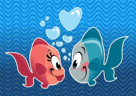 Cartoon cute fish couple in love with heart bubbles under the seaのイラスト素材