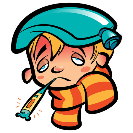 Patient sad kid with thermometer in his mouth indicating high temperature orange and yellow scarf and red ice bag on his headのイラスト素材