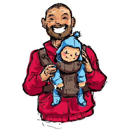 Cartoon vector family illustration with dad walking with his baby son in a baby pouch having some quality timeのイラスト素材