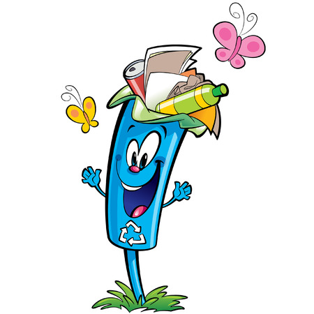 Happy cartoon smiling recycle garbage bin character . Reuse and ecycling plastic glass and paper garbage conceptのイラスト素材
