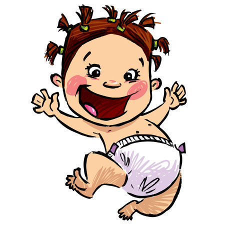 Hand drawn pencil drawing as vector illustration of a happy cartoon infant with big smile wearing diapers isolated in white backgroundのイラスト素材