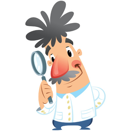 Vector illustration of cartoon doctor scientist with lens during a research isolated in white backgroundのイラスト素材