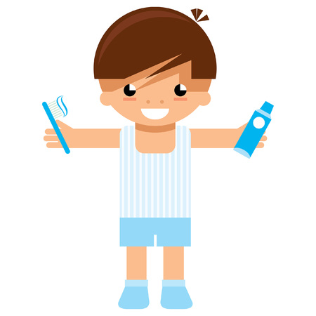 Cartoon vector child preparing to go to sleep and holding on his hands tooth brush and tooth paste ready to wash his teethのイラスト素材