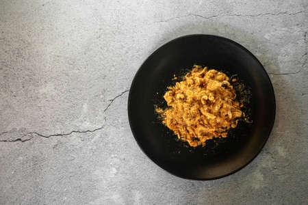 Dried shredded pork on cement background, Flossy pork, Top viewの写真素材
