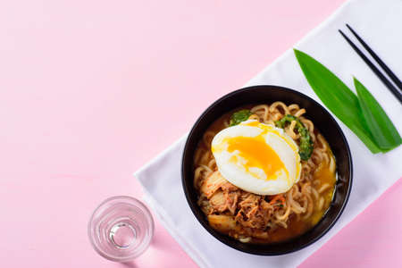 Korean food, kimchi spicy noodles soupの写真素材
