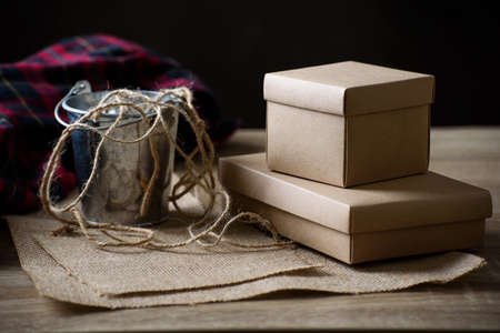 Brown paper gift box and decoration accessories, present for giving in special dayの写真素材