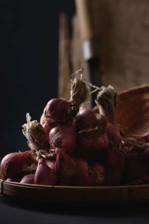 Shallots in a bamboo basket, Food ingredients in Thai cuisine, Still Life