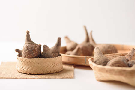 Small taro from local organic agriculture for sustainability on white backgroundの写真素材