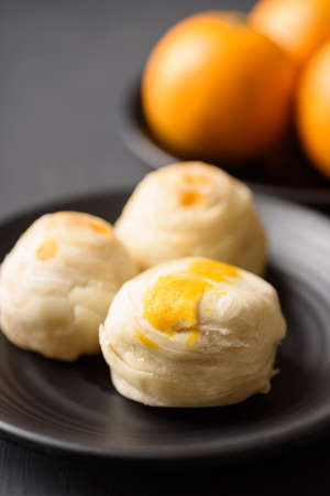 Thai mooncake or Chinese pastry on black background