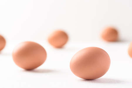 Fresh organic chicken eggs on white background
