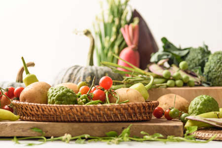 set of organic vegetable from local market on white backgroundの写真素材